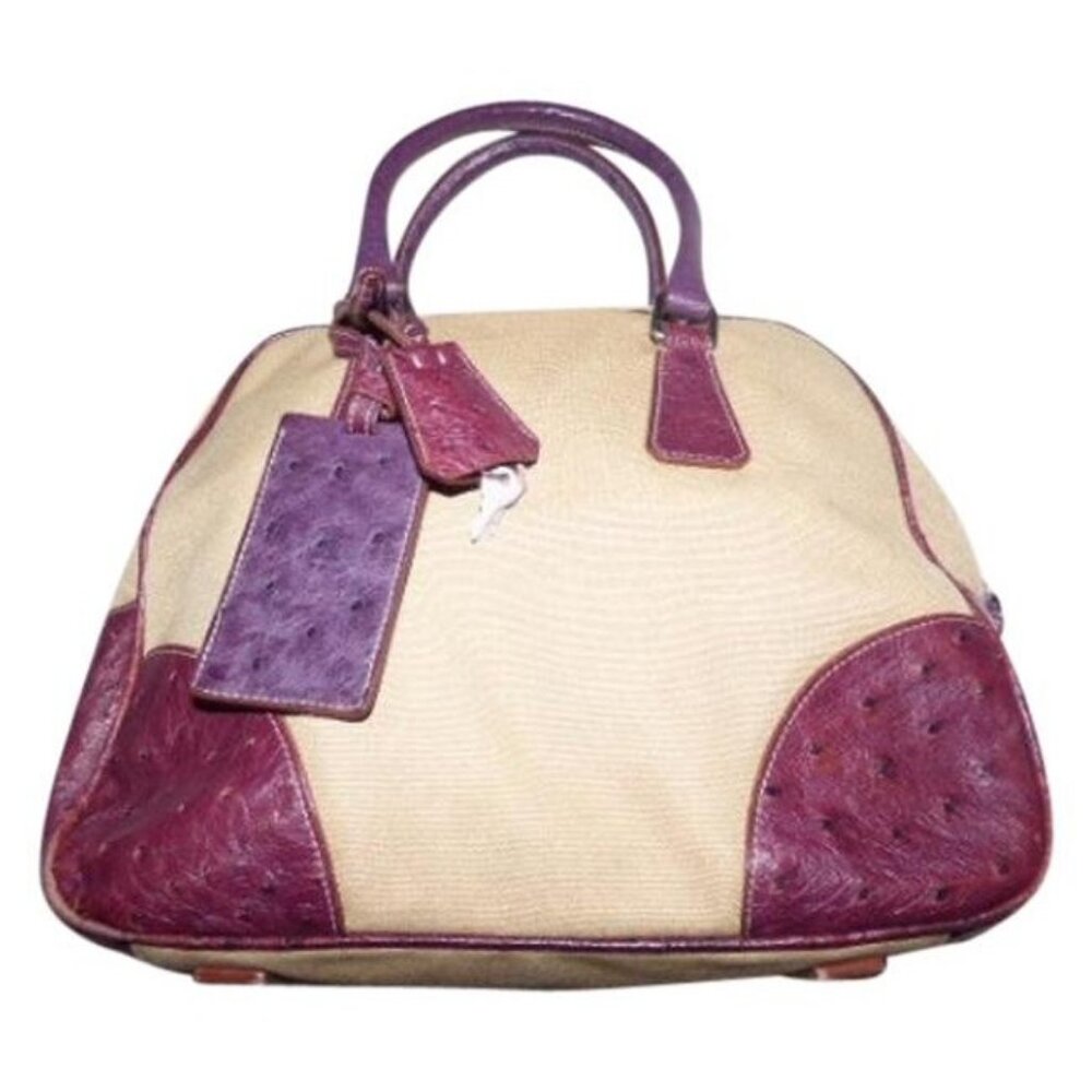Prada Vintage Satchel Beige Canvas And Purple Ostrich Bowling Bag Purse